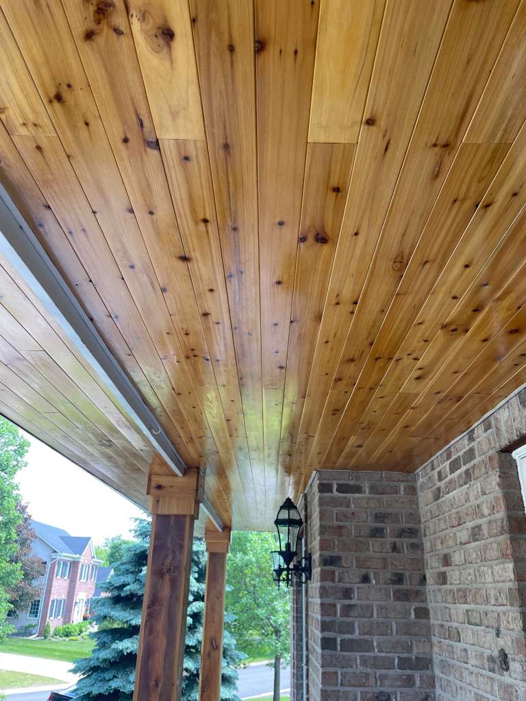 Cedar porch ceiling after staining